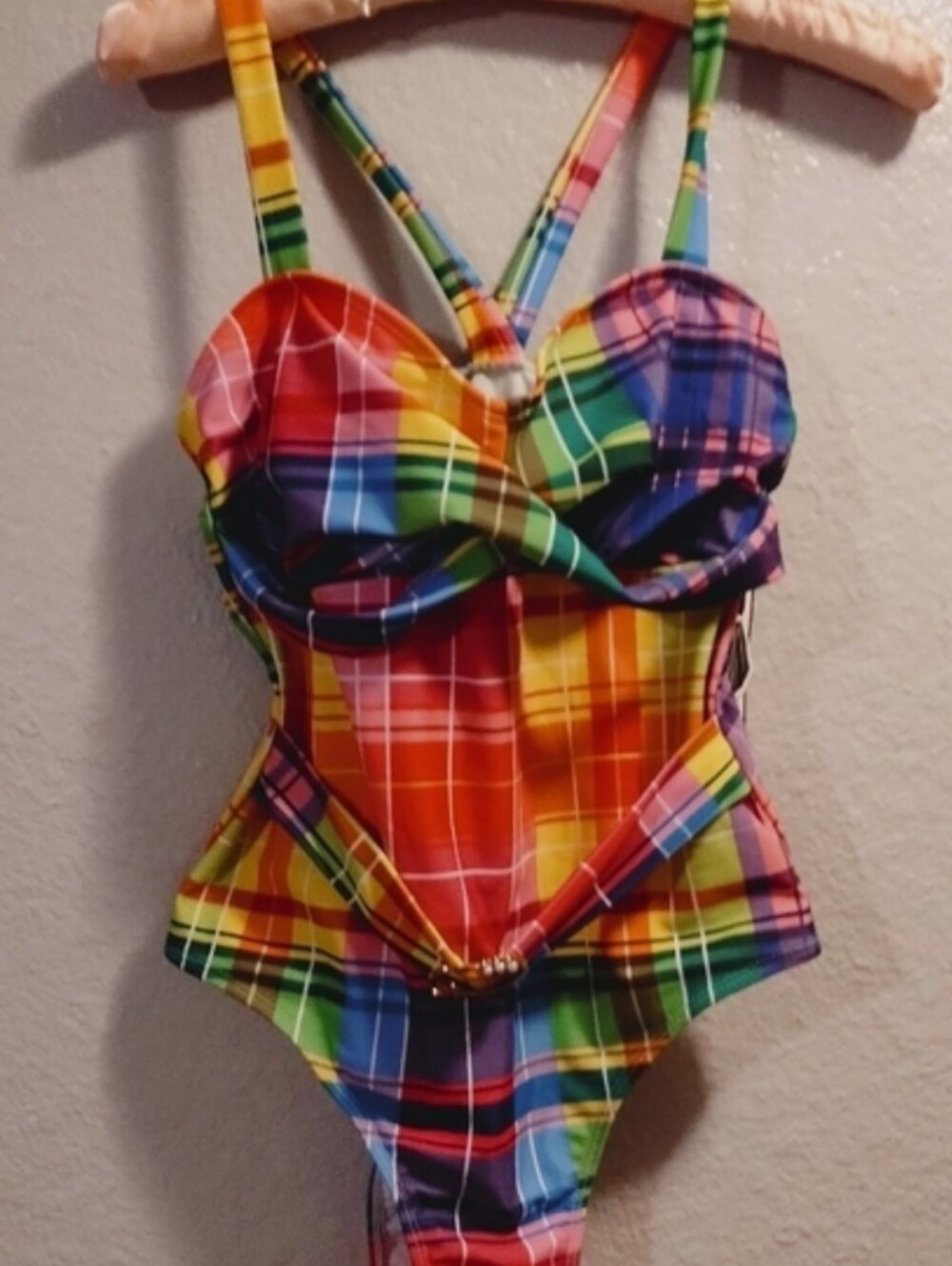 Retro Stage Rainbow Plaid One-Piece Swimsuit with Bow